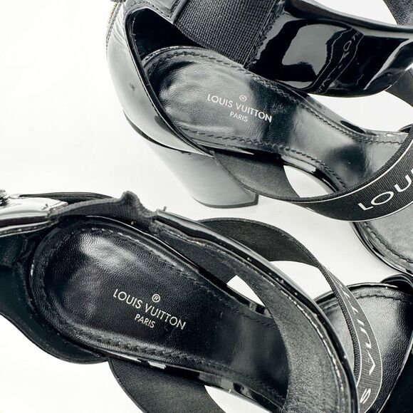 LOUIS VUITTON Trail Black Patent Leather Logo Sandal Size 37 Block Heel - Picture 9 of 12